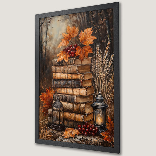 Framed Poster featuring a stack of books, autumn leaves, and lanterns in warm, earthy tones. Perfect for cozy decor.