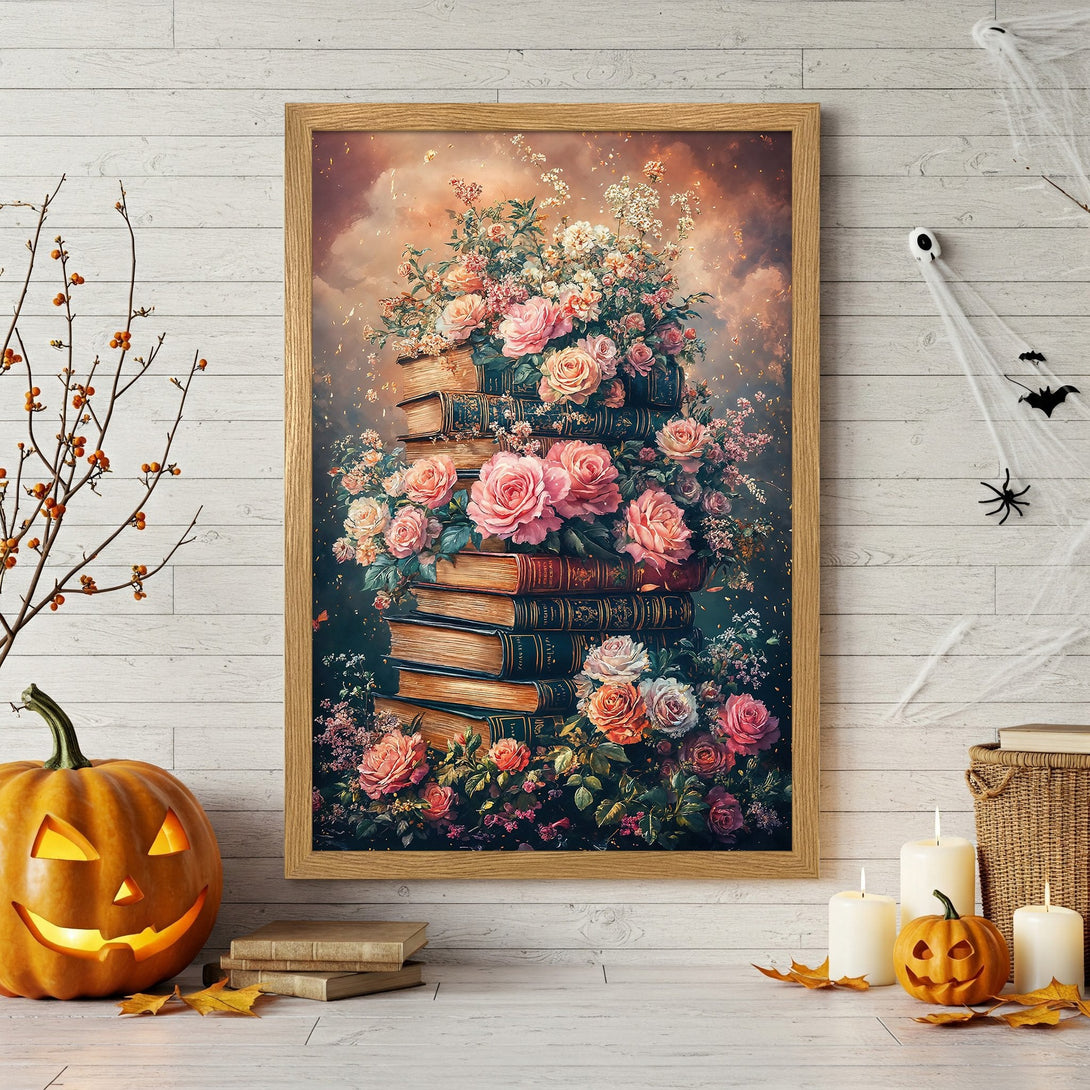Framed Poster featuring a floral still life with pink roses and books, in a warm color palette. Perfect for fall decor.