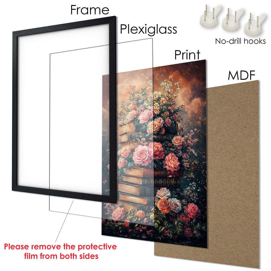 Framed Poster featuring a floral still life with a warm color palette. Elegant art print ready to hang.