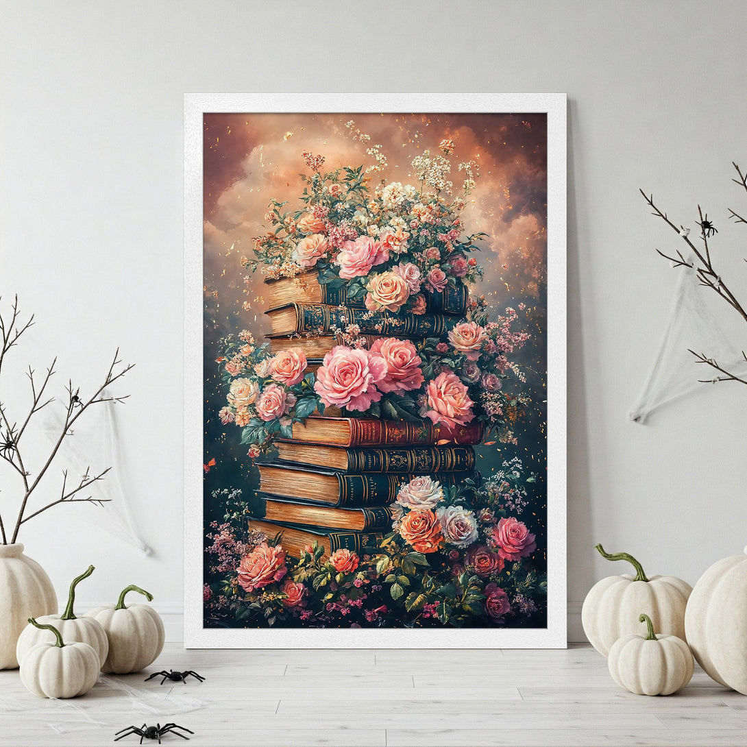 Framed Poster featuring a stack of books with roses, in a romantic style with a warm, pastel color palette. Perfect wall art!