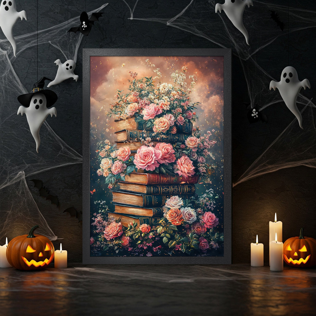 Framed Poster featuring a floral still life on books, with a vintage style and a pink and gold color palette, perfect for Halloween decor.