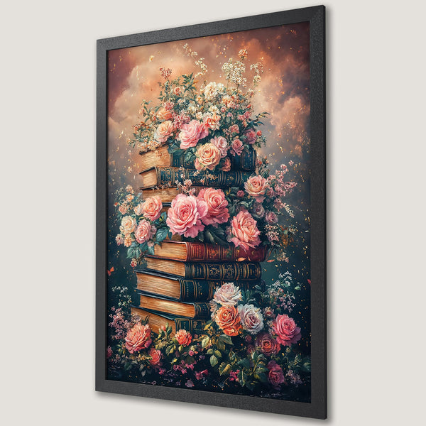Framed Poster featuring a romantic floral arrangement atop stacked books, with a warm, pastel color palette. Perfect wall art!