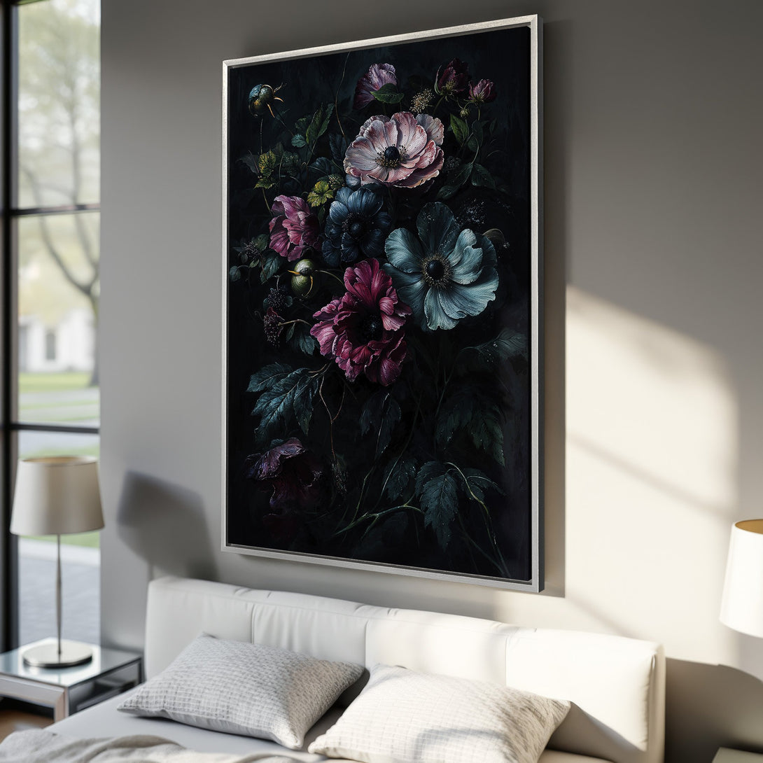 Framed Wall Art: Dark floral canvas print featuring moody blooms in deep reds, blues, and pinks. Adds elegance to any interior. Shop now!