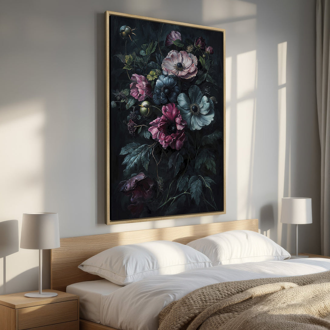 Framed Wall Art: Dark floral painting with pink, blue, and green blooms. Elegant botanical art in a bedroom setting, perfect for adding a touch of sophistication.