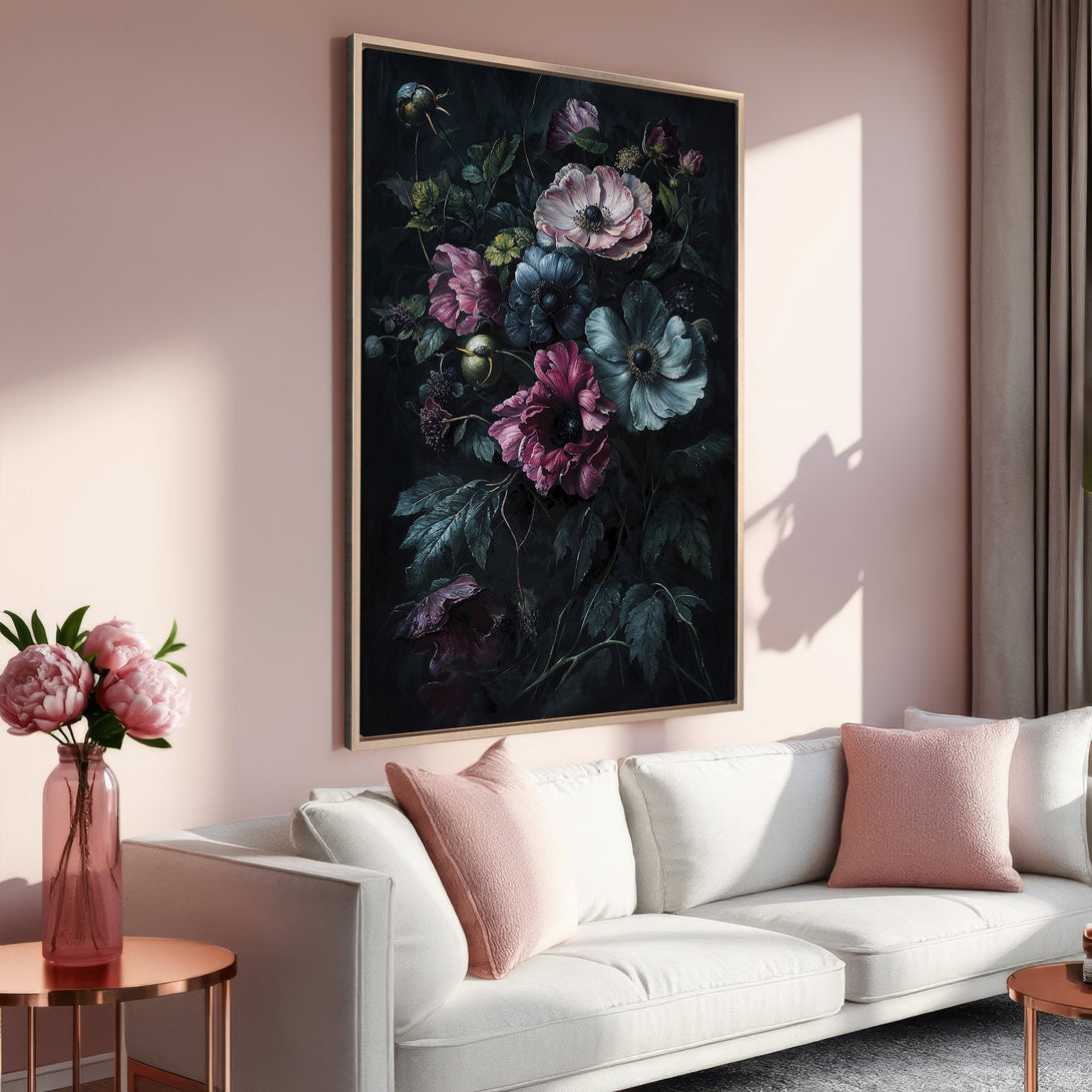 Framed Wall Art featuring a dark floral painting with pink, blue, and green hues. Adds elegance to any room. Shop now for stunning home decor!