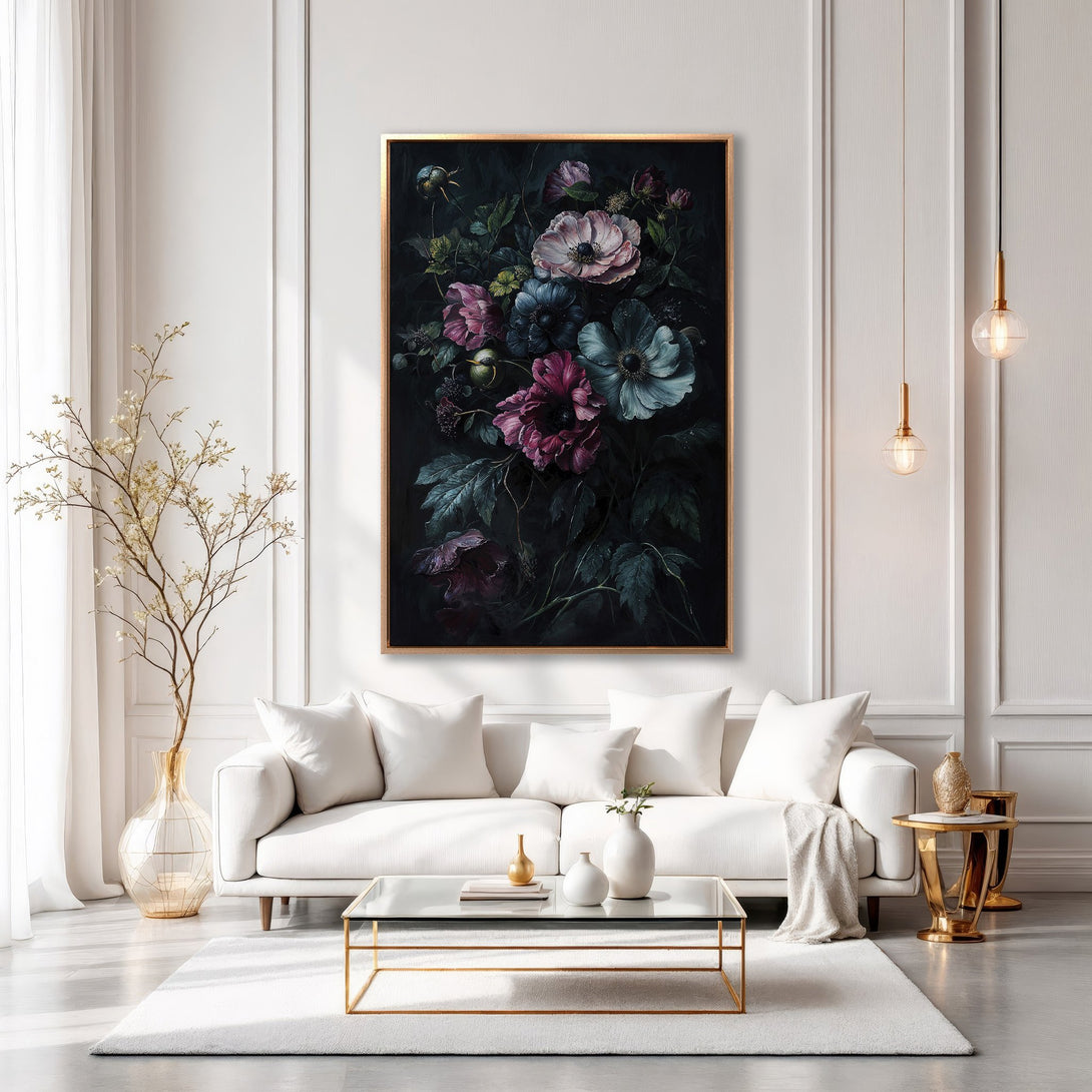 Framed Wall Art: Dark floral painting with pink, blue, and green hues. Elegant canvas print in a modern living room with white and gold accents.
