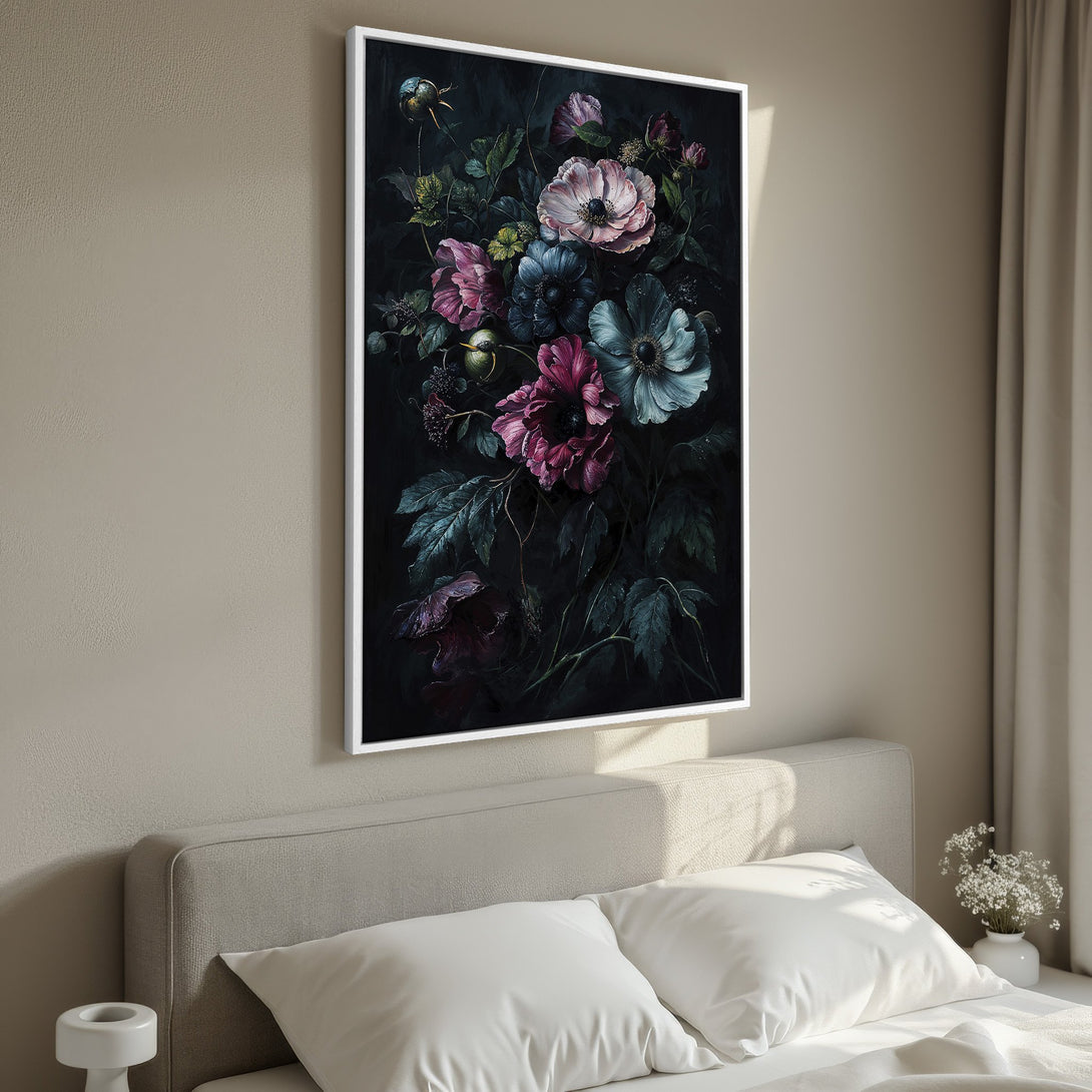 Framed Wall Art: Dark floral painting with pink, blue, and green blooms. Adds elegance to any bedroom. Shop beautiful canvas prints and elevate your decor!
