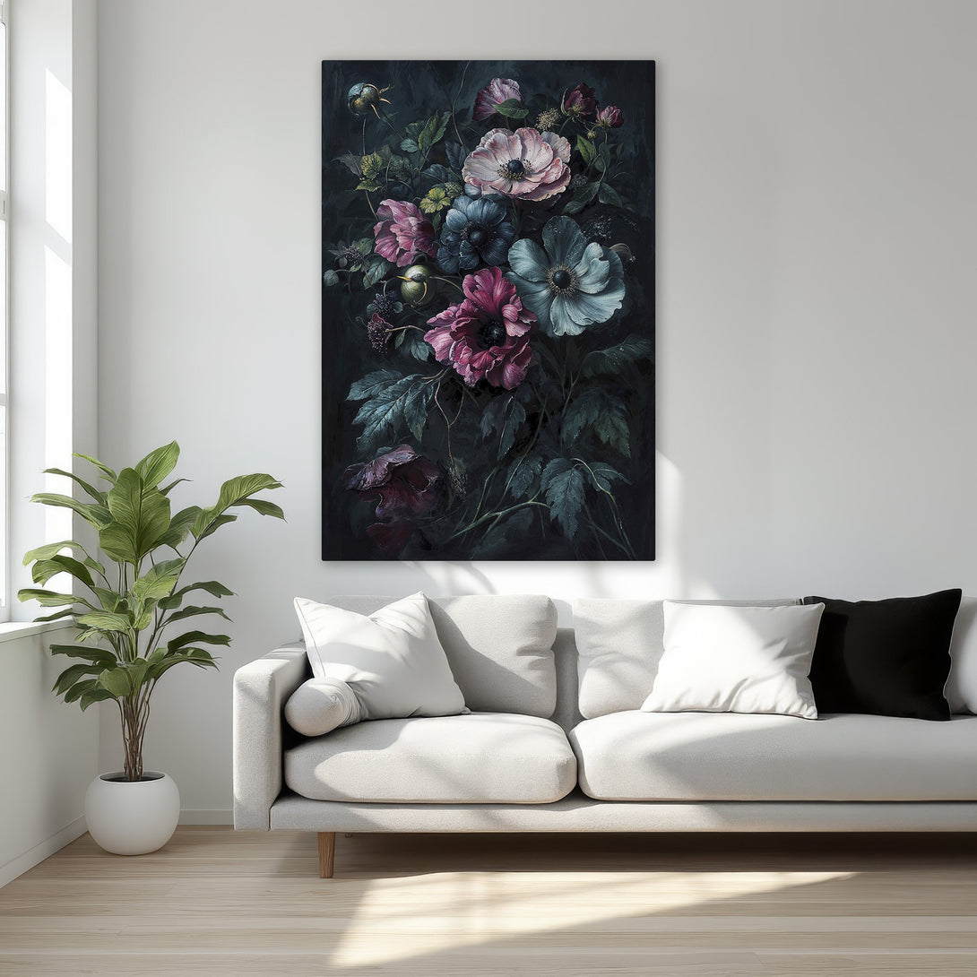 Framed Wall Art: Elegant floral Canvas Print with dark background, showcasing a moody color palette of deep reds, blues, and greens. Perfect for bedroom decor.
