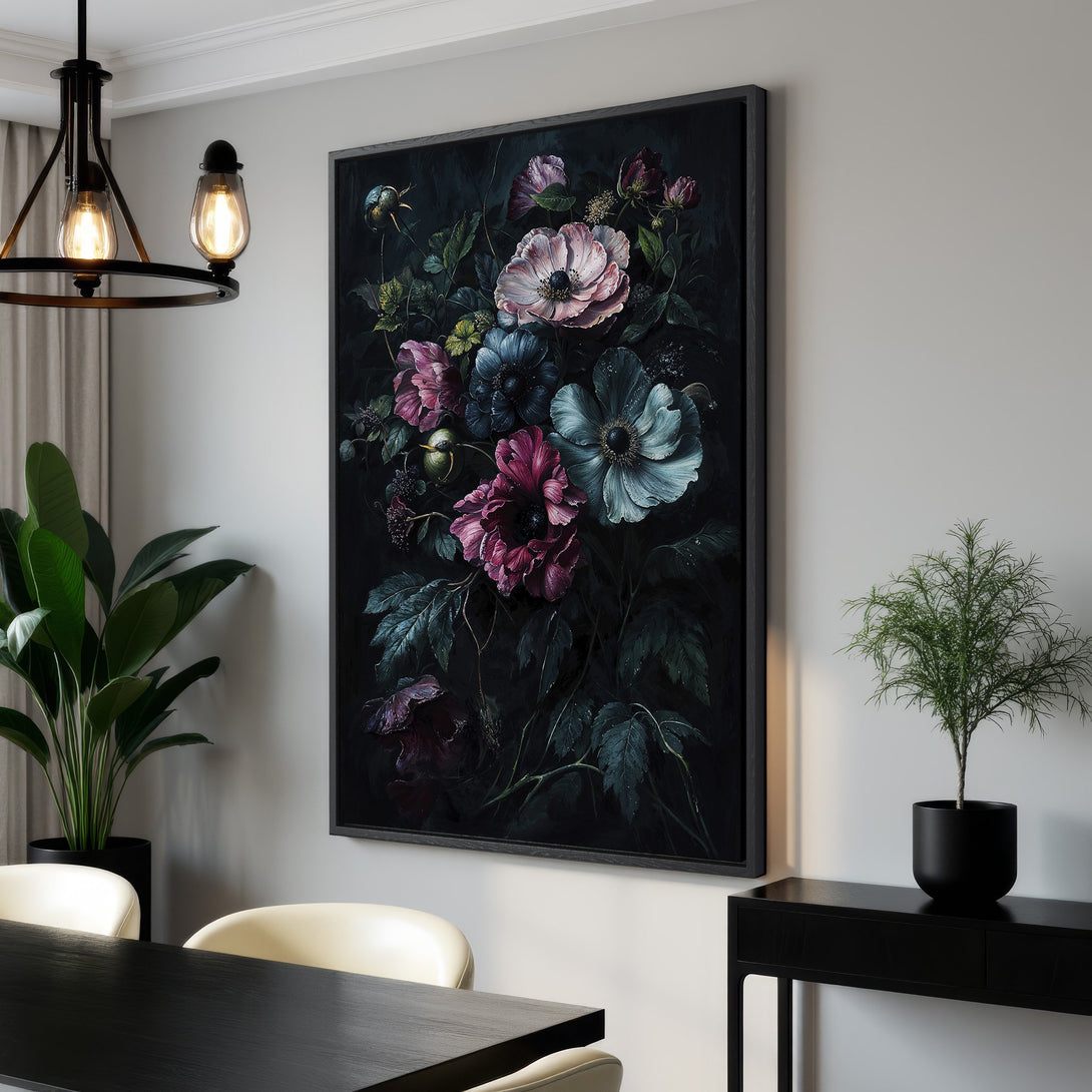 Framed Wall Art: Dark floral Canvas Print with moody color palette. Enhance your home decor with this stunning botanical art piece.