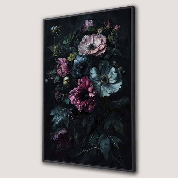 Framed Wall Art featuring a dark, moody floral bouquet with pink, blue, and green hues. Elegant botanical art for a sophisticated home.