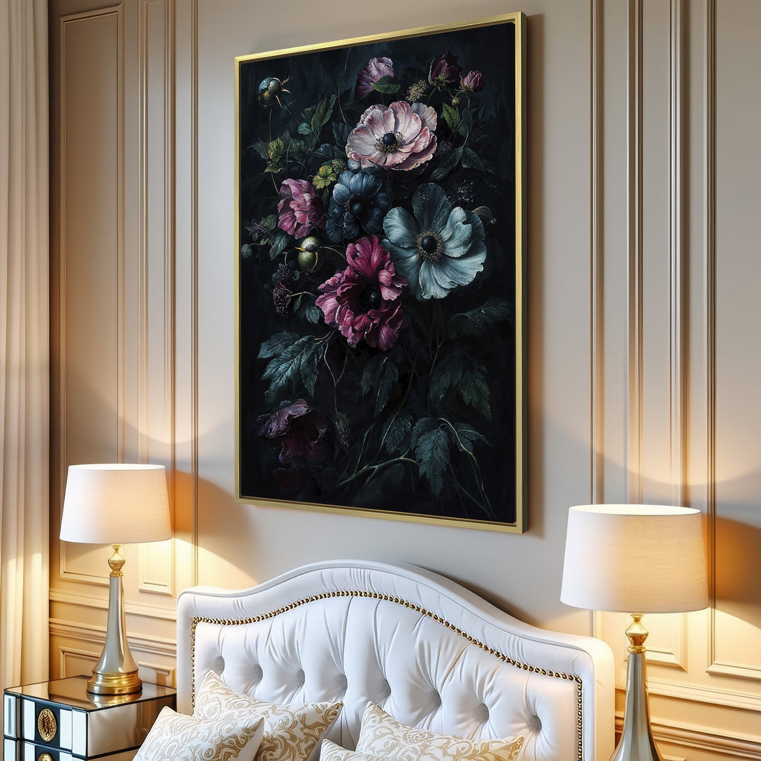 Canvas Print of a dark floral painting, featuring moody blooms in pinks, blues, and greens, perfect for adding elegance to any interior.