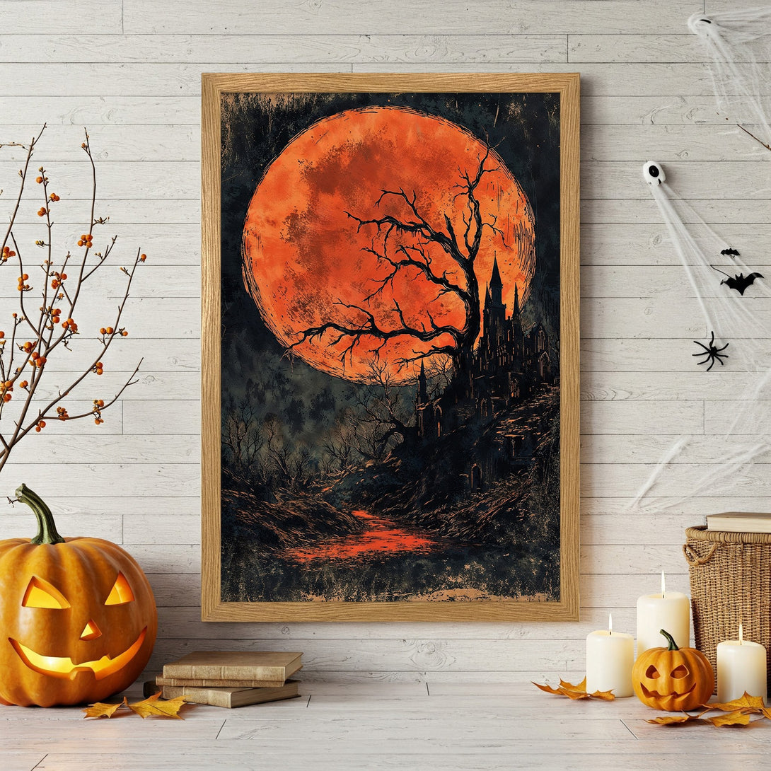 Framed Poster featuring a spooky Halloween scene with a red moon, castle, and tree. Dark, moody style with orange and black tones.