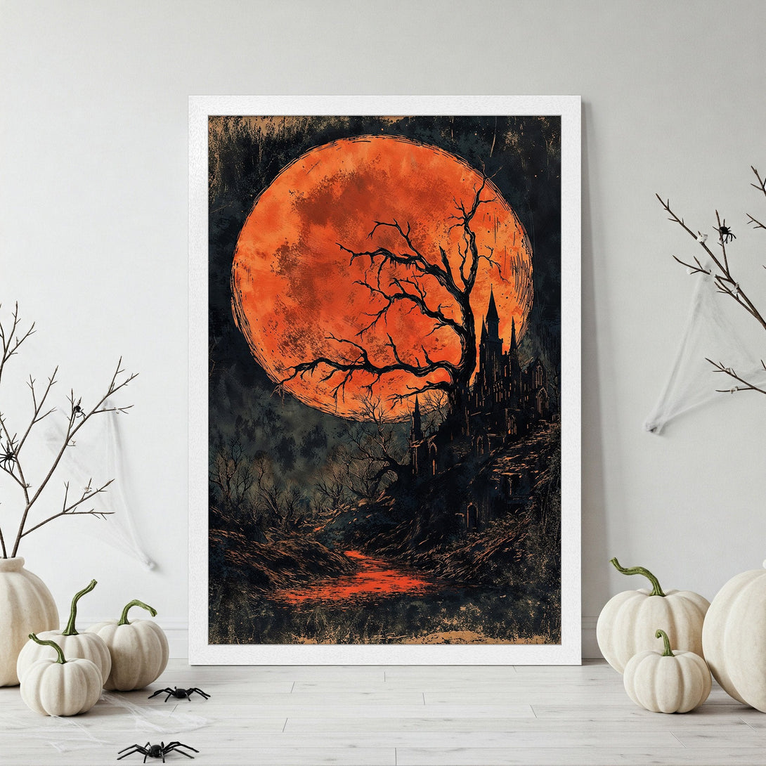 Framed Poster featuring a spooky Halloween scene with a large orange moon, dark castle, and trees. Dramatic style, orange and black color palette.