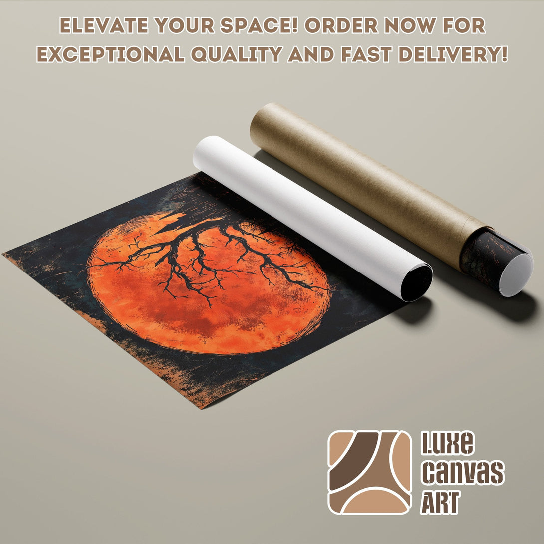 Poster Roll featuring an orange moon and tree art, dark and warm color palette.