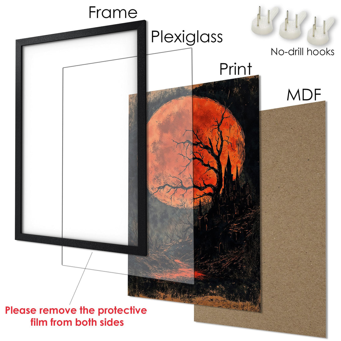 Framed Poster featuring a spooky castle under a red moon, dark art style, and a warm, autumnal color palette. Ready to hang!