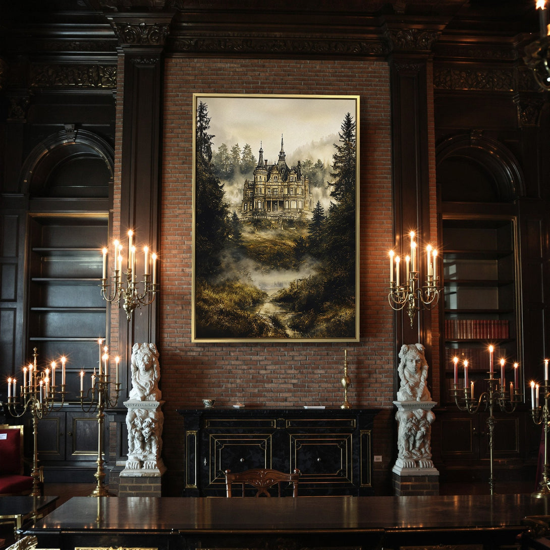 Canvas Print of a spooky castle in a forest, with a moody, vintage style and a warm, autumnal color palette.