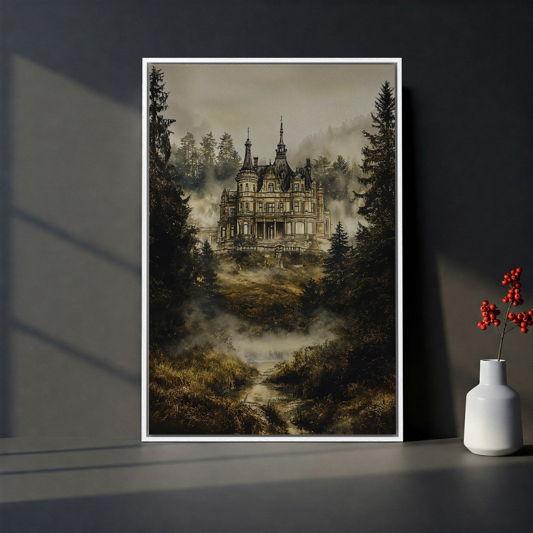 Framed Wall Art featuring a gothic castle in a misty forest. Earthy tones of brown, green, and beige create a dramatic and atmospheric landscape. Add a touch of mystery to your space!