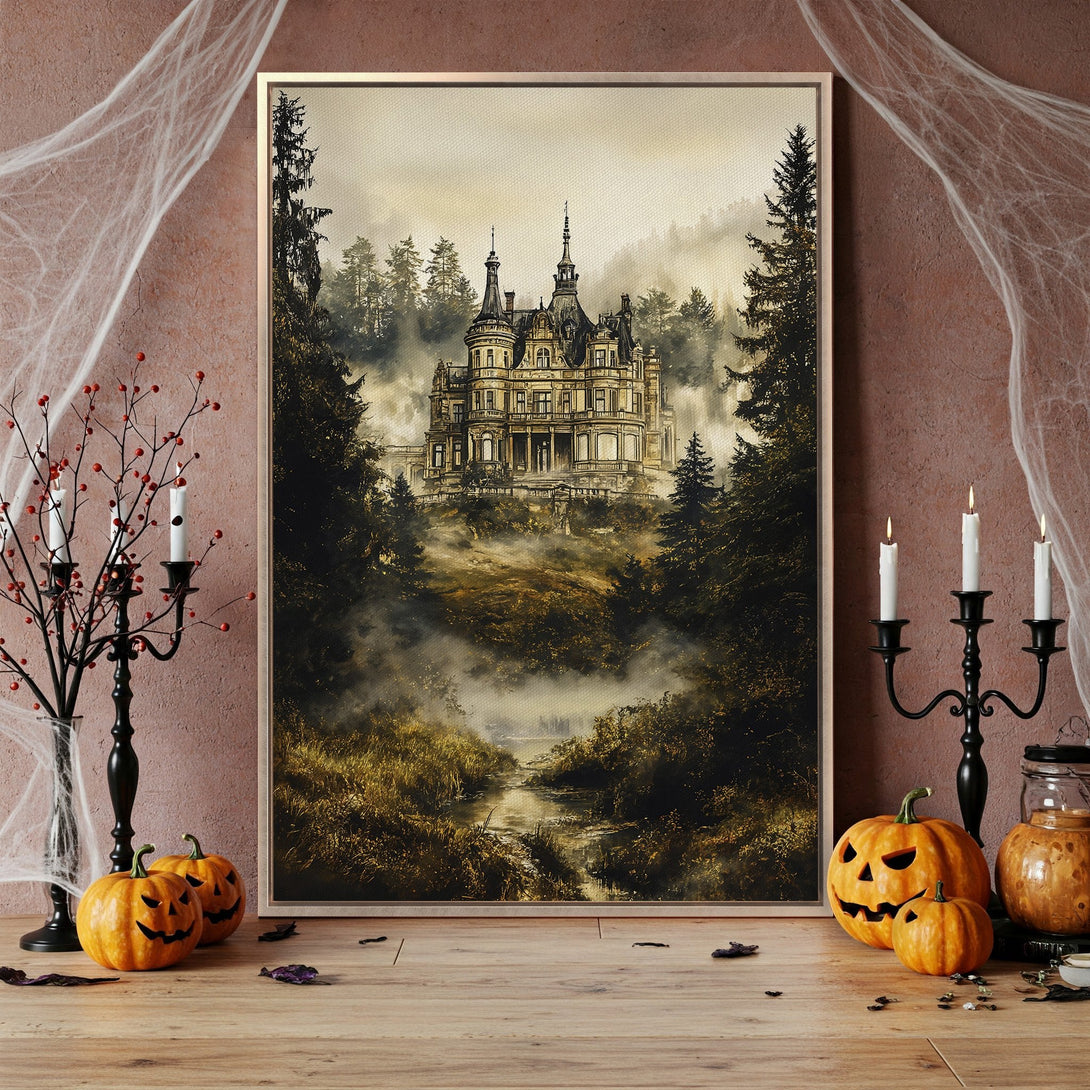 Framed Wall Art featuring a spooky castle in a misty forest. Earthy tones of brown, gold, and green create a haunting, atmospheric canvas print perfect for Halloween decor.