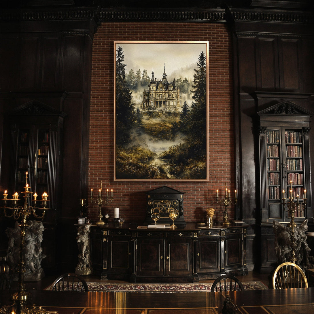 Framed Wall Art: Gothic castle landscape in a dark, moody style. Earthy tones of brown, green, and gold create a dramatic focal point for your space.