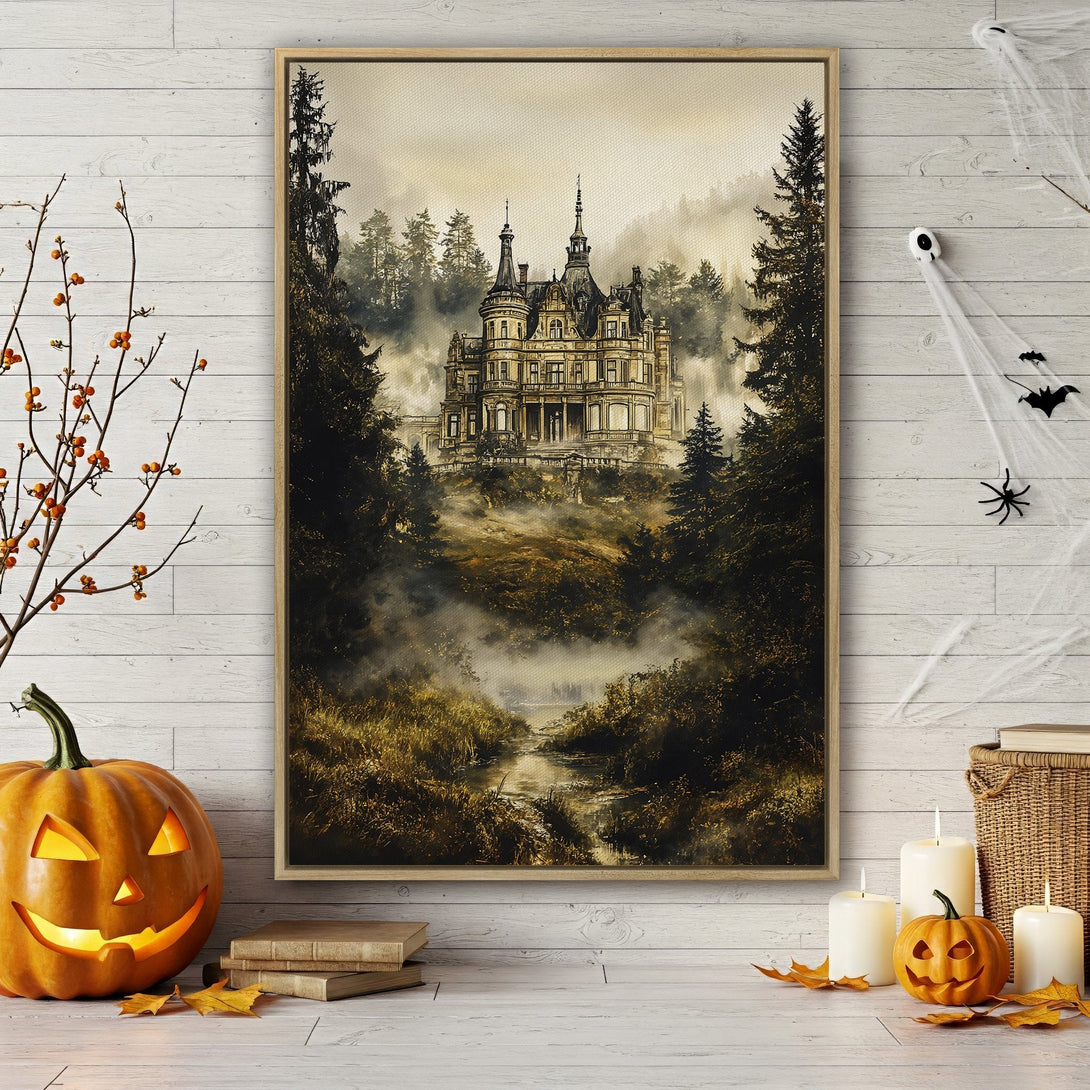 Framed Wall Art featuring a gothic castle in a moody, painterly style with a sepia and gold color palette, perfect for Halloween decor.