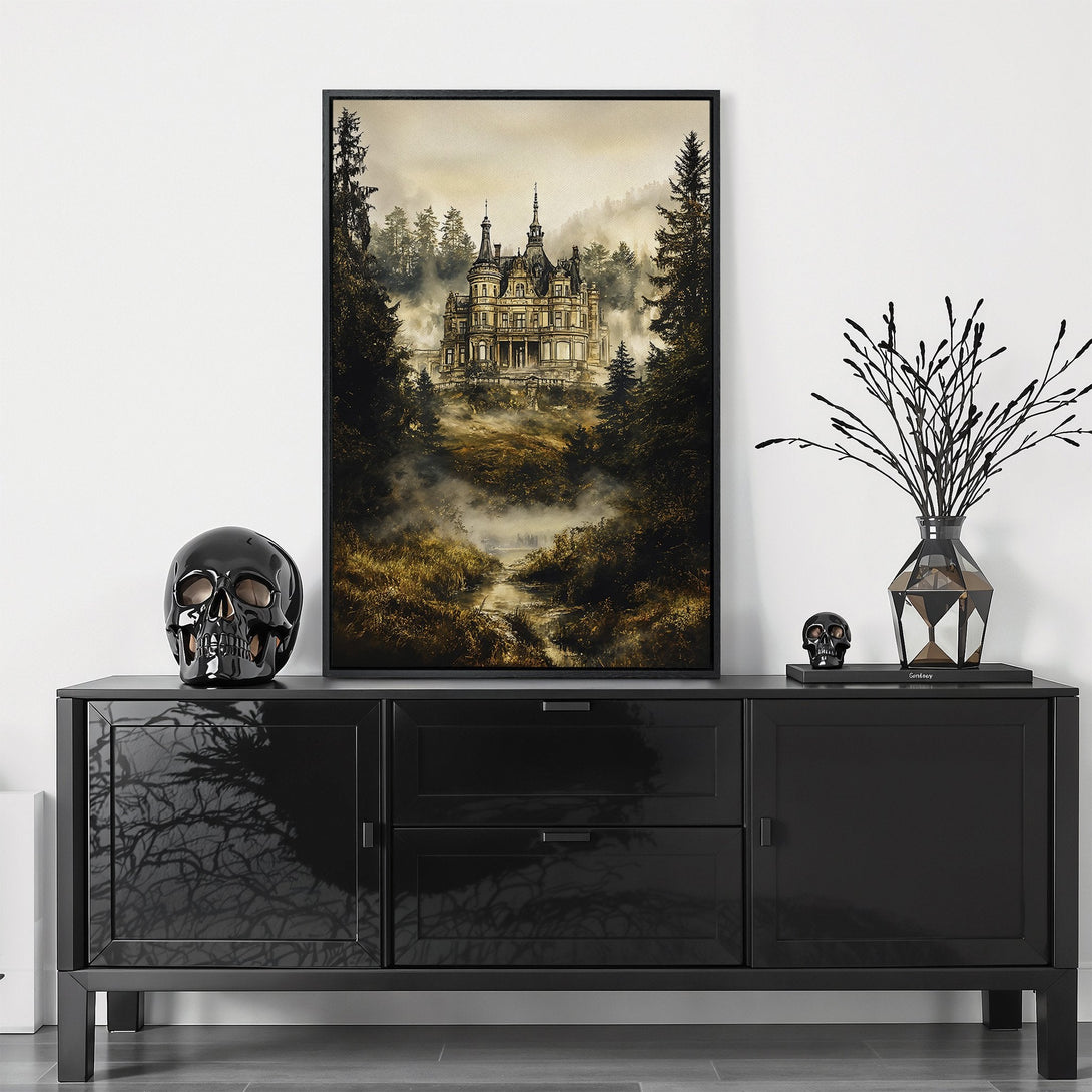 Framed Wall Art featuring a gothic castle in a misty forest. Earthy tones of gold, brown, and green create a moody, atmospheric aesthetic. Perfect for adding a touch of mystery.