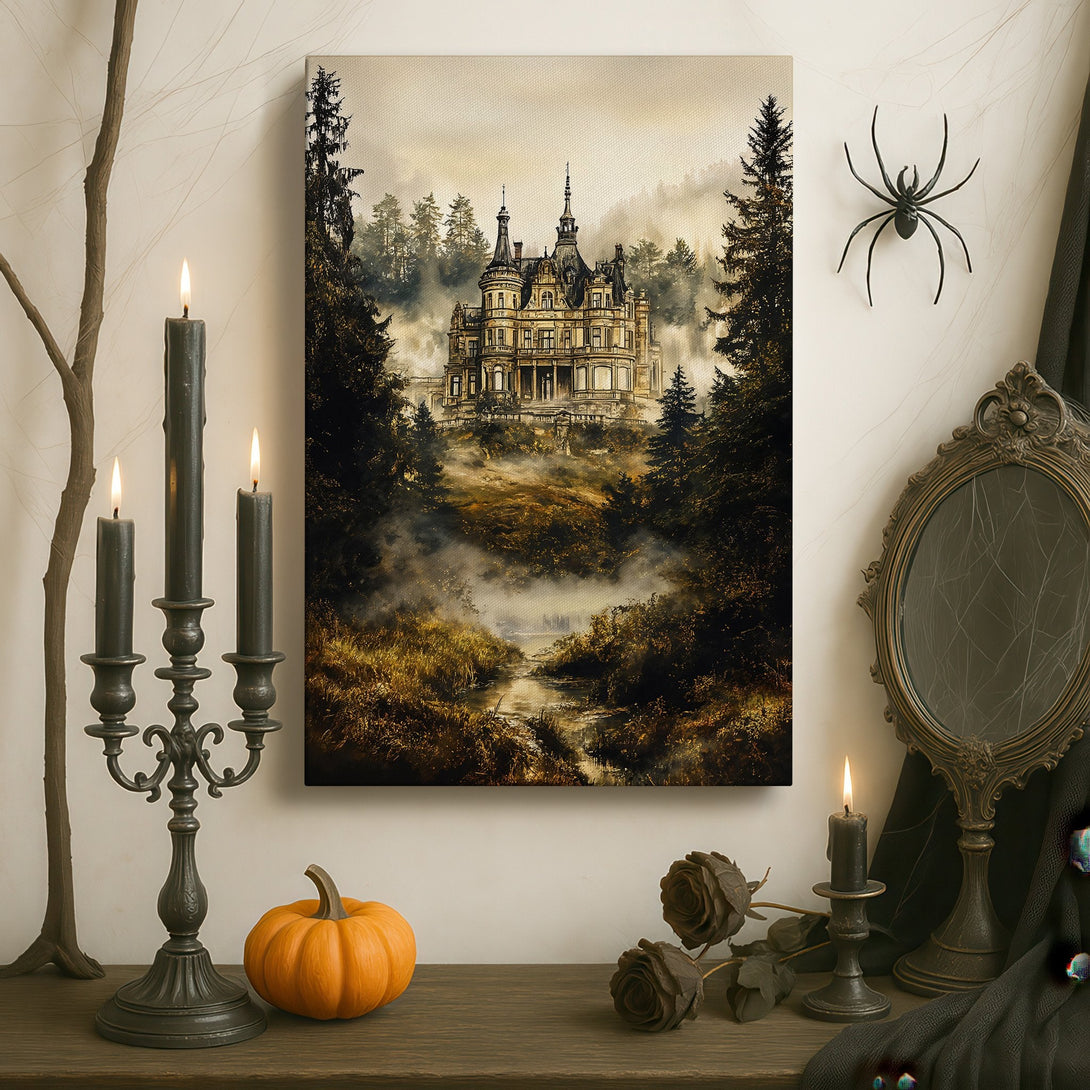 Framed Wall Art: Gothic castle landscape in muted gold and green tones. Adds a touch of mystery and elegance to any room. Shop now!