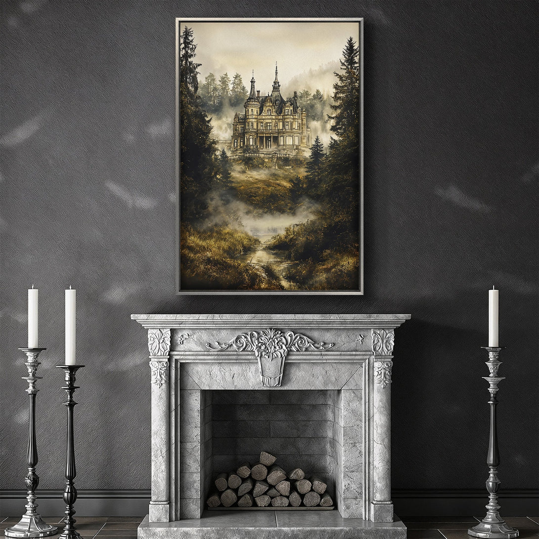 Framed Wall Art: Majestic castle print in a vintage style, featuring a muted color palette. Perfect for adding a touch of elegance to your home decor.