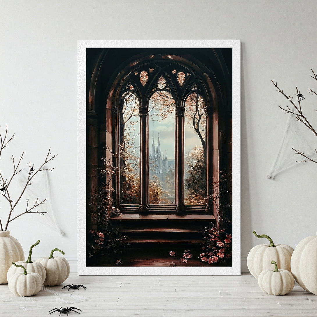 Framed Poster featuring a gothic window scene with a castle in a warm, autumnal color palette. Perfect wall art for fall decor!