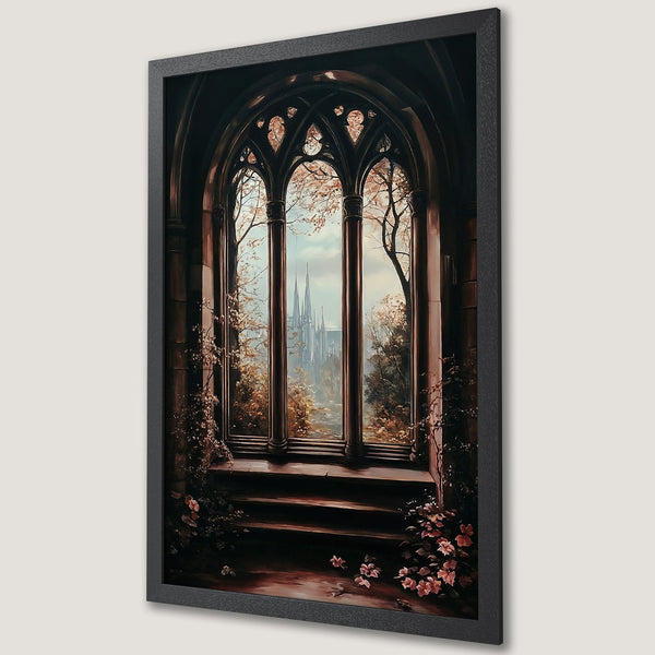Framed Poster featuring a gothic window scene with a warm, earthy color palette. Perfect for adding a touch of elegance to your home.