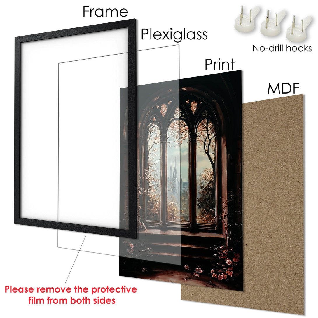 Framed Poster featuring a gothic window scene in warm tones. Add a touch of elegance to your space with this beautiful art print.
