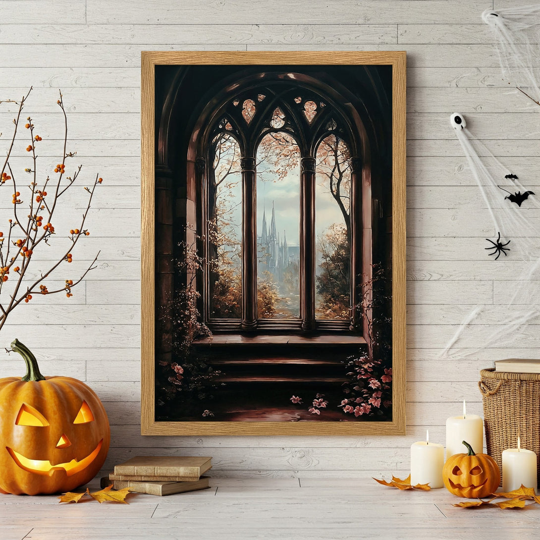 Framed Poster of a gothic window scene, warm autumn colors, perfect for Halloween decor.