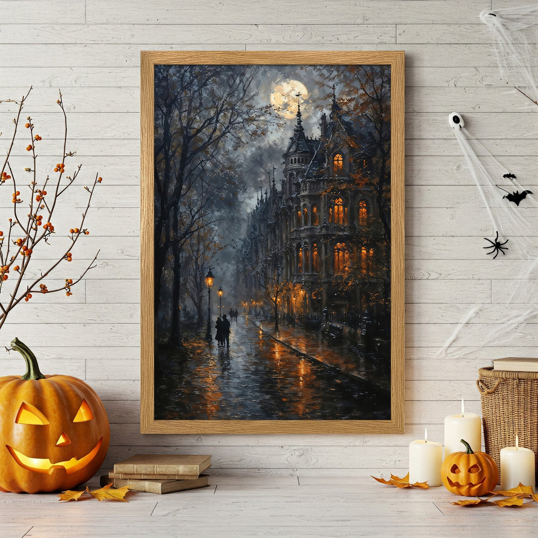 Framed Poster featuring a spooky, gothic street scene with a moody, dark color palette. Perfect Halloween decor!