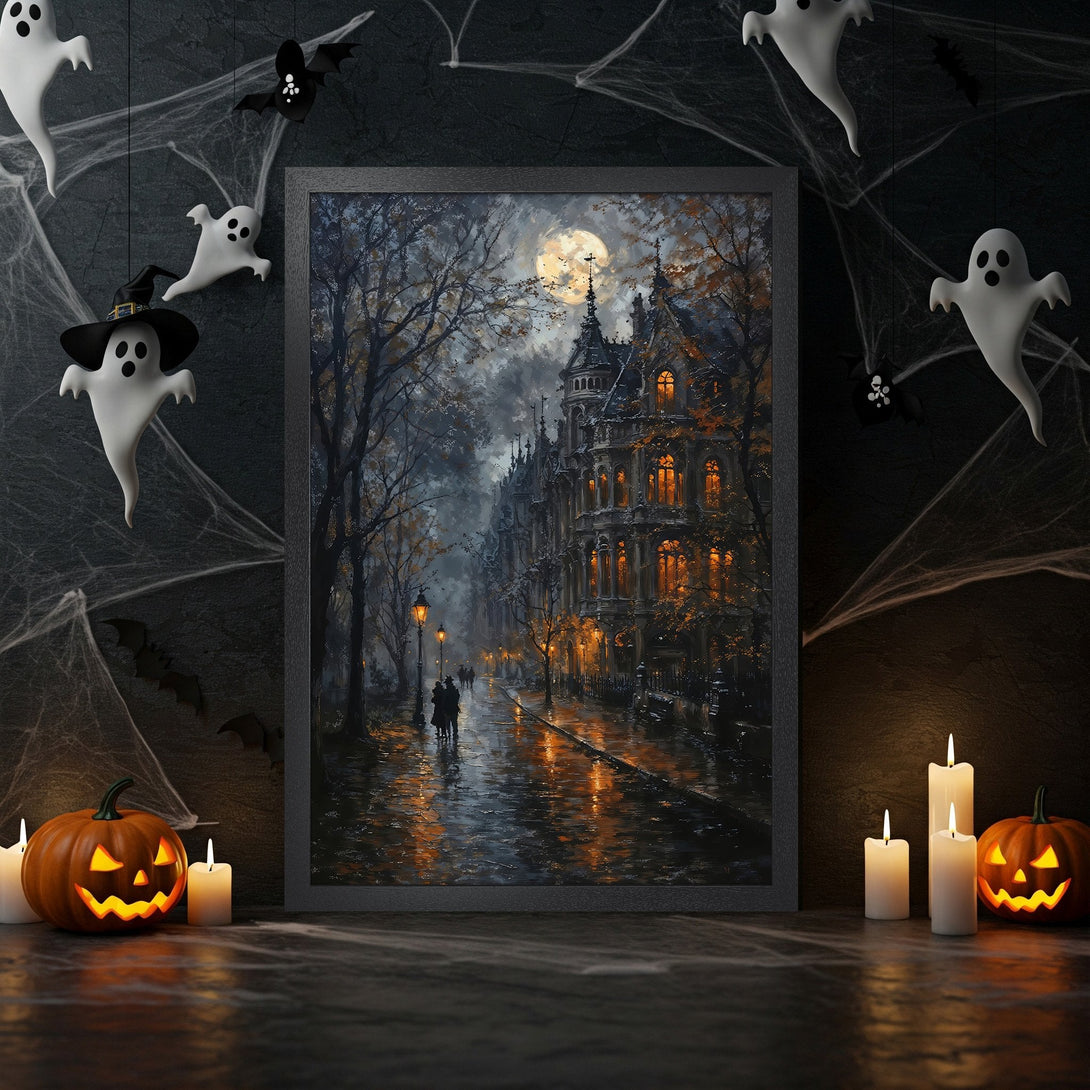 Framed Poster featuring a spooky street scene in a dark, moody color palette. Perfect Halloween decor!