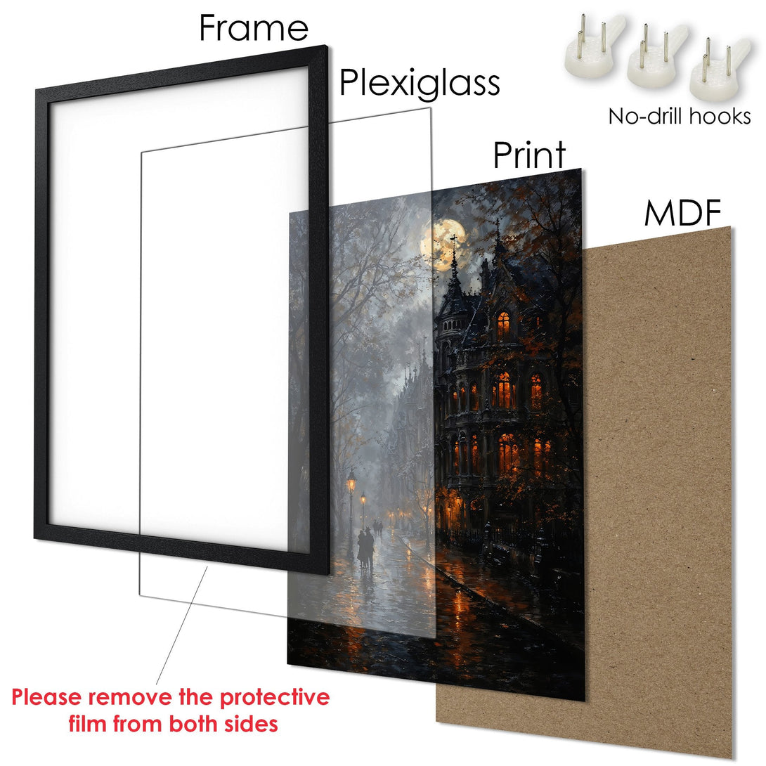 Framed Poster of a gothic street scene in moody tones. Featuring a black frame, ready to hang. Perfect wall art!