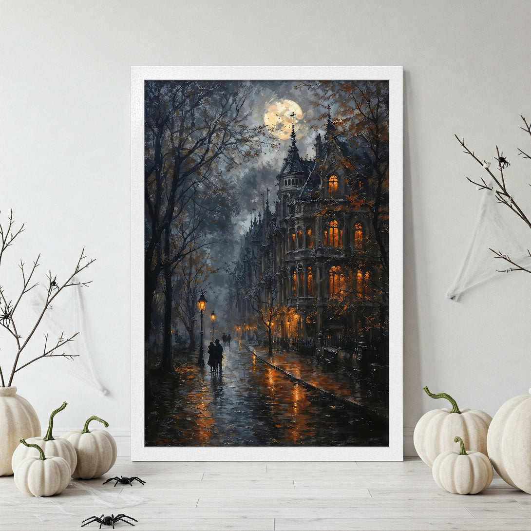 Framed Poster of a spooky gothic street scene with a full moon, in a moody, dark, and warm color palette. Perfect Halloween decor!