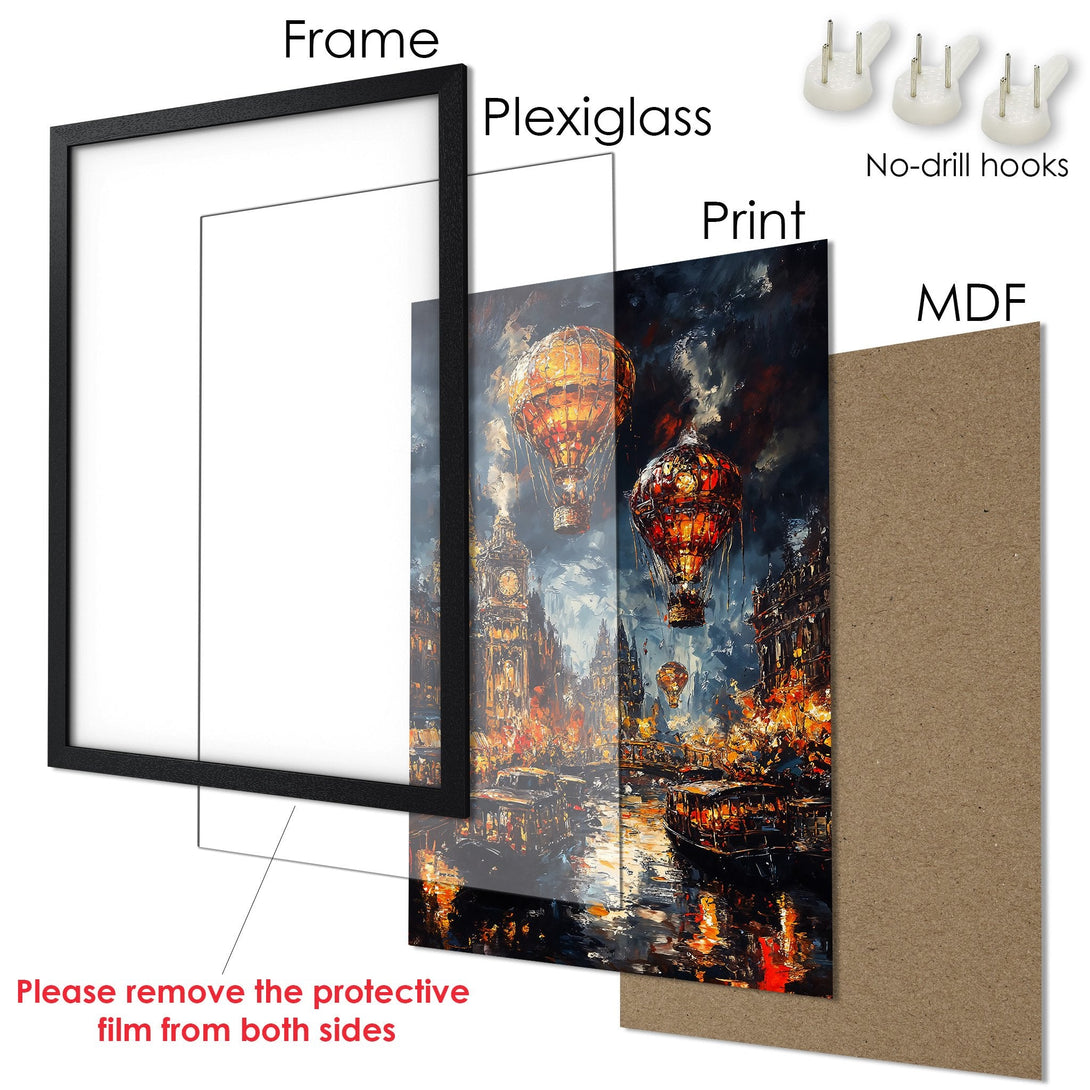 Framed Poster: Steampunk cityscape with hot air balloons, dark blues & fiery oranges. Ready to hang art for your home!