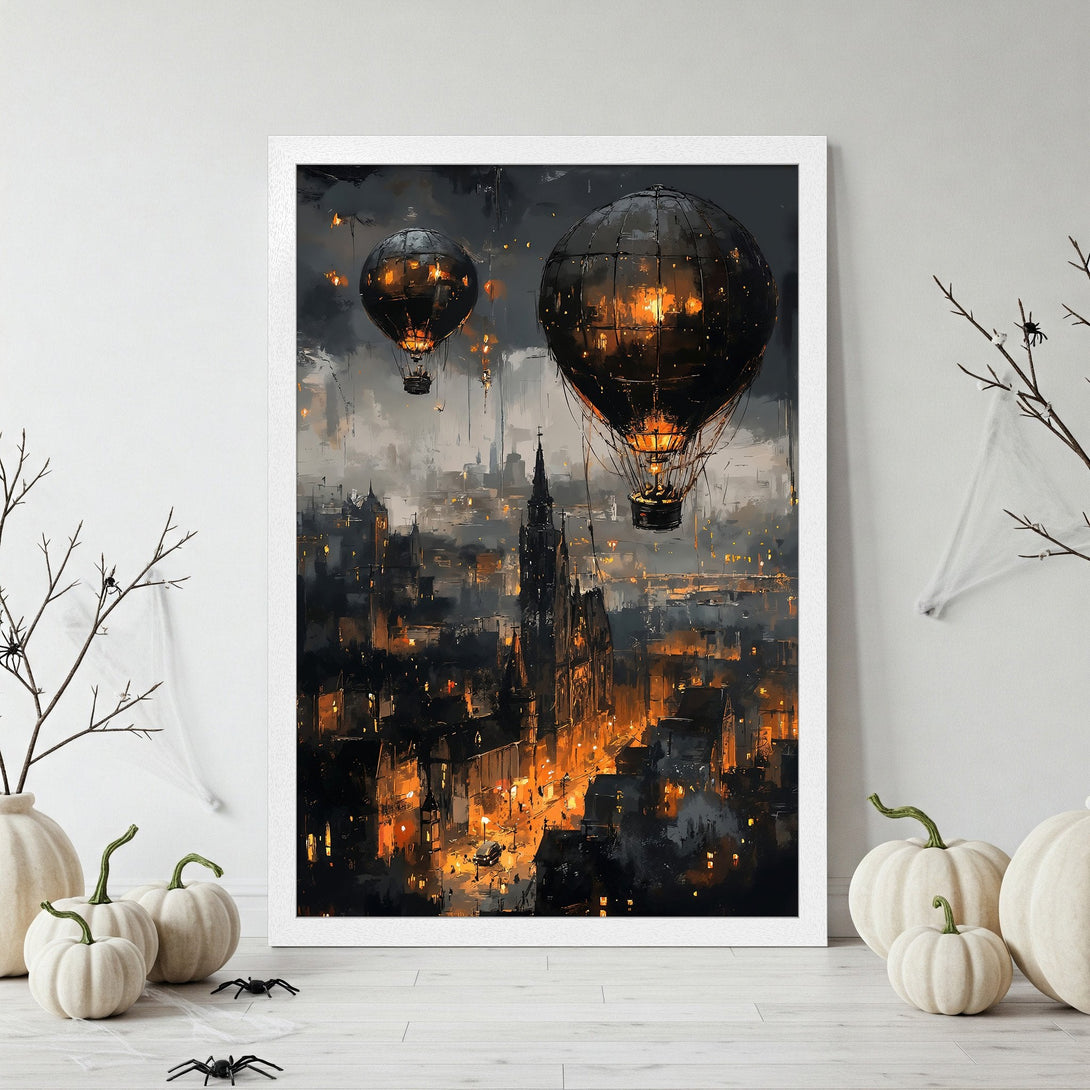Framed Poster: Steampunk city at night with hot air balloons, dark and orange color palette, artistic style. Perfect wall art.