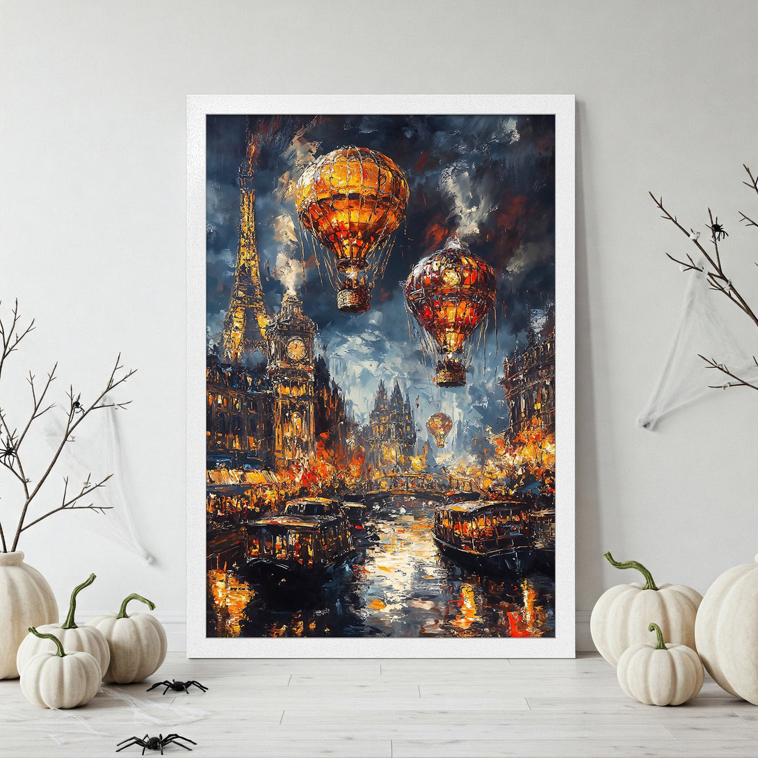 Framed Poster of a cityscape with hot air balloons, impressionist style, warm orange & dark blue palette. Perfect wall art!