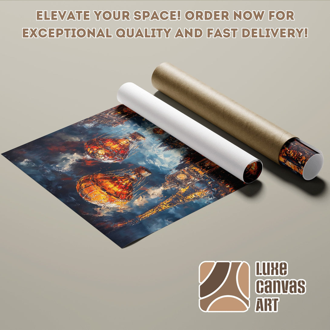 Poster Roll of London cityscape art in blue, orange, and brown tones. Elevate your space!