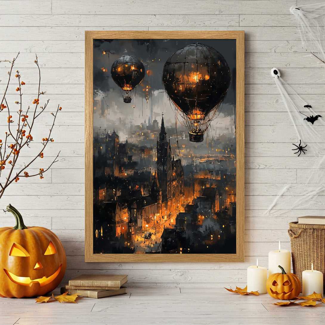Framed Poster of a city with hot air balloons, in a dark, moody style with warm orange and black colors. Halloween decor.