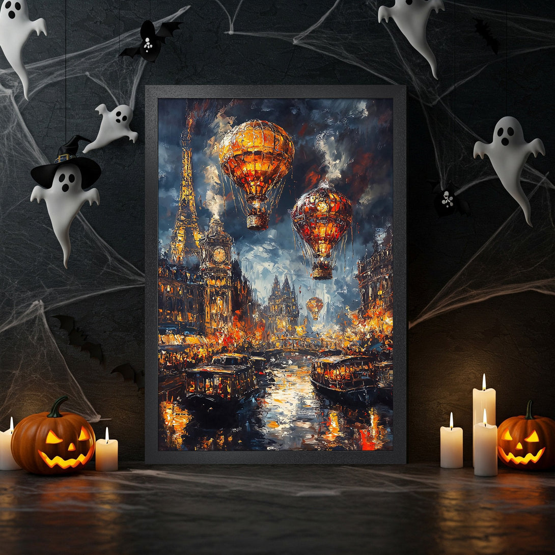 Framed Poster of a fantasy city with hot air balloons, in a painterly style, warm orange and blue color palette. Perfect Halloween decor!