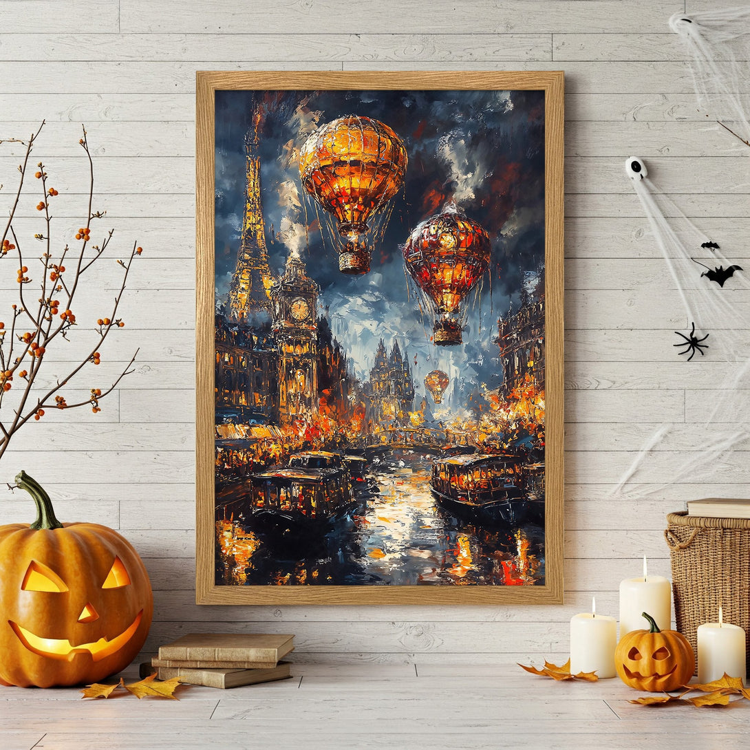 Framed Poster of a fantasy city with hot air balloons, in a dark, painterly style with warm orange and blue tones.