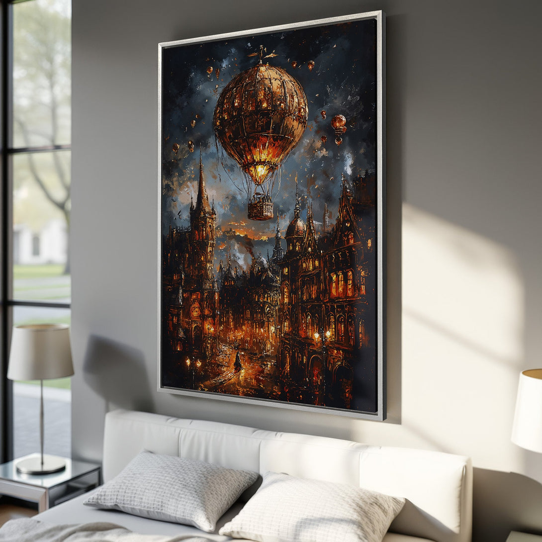 Framed Wall Art: Steampunk cityscape Canvas Print with a warm, dramatic color palette. Features a hot air balloon over a detailed, illuminated city.