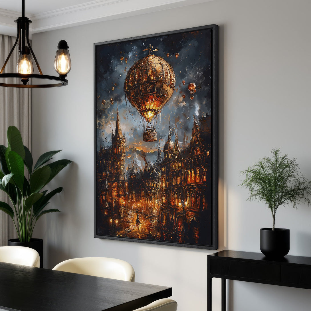 Framed Wall Art: Steampunk cityscape Canvas Print in warm orange and blue tones. Perfect for adding a touch of fantasy to your home decor.