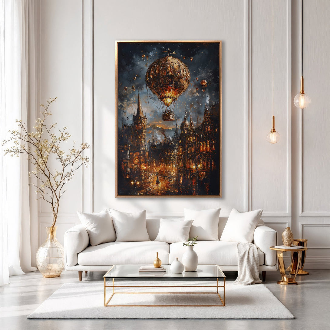 Framed Wall Art: Steampunk cityscape canvas print in warm gold, orange, and dark blue tones. Perfect for adding a touch of fantasy to your living room.
