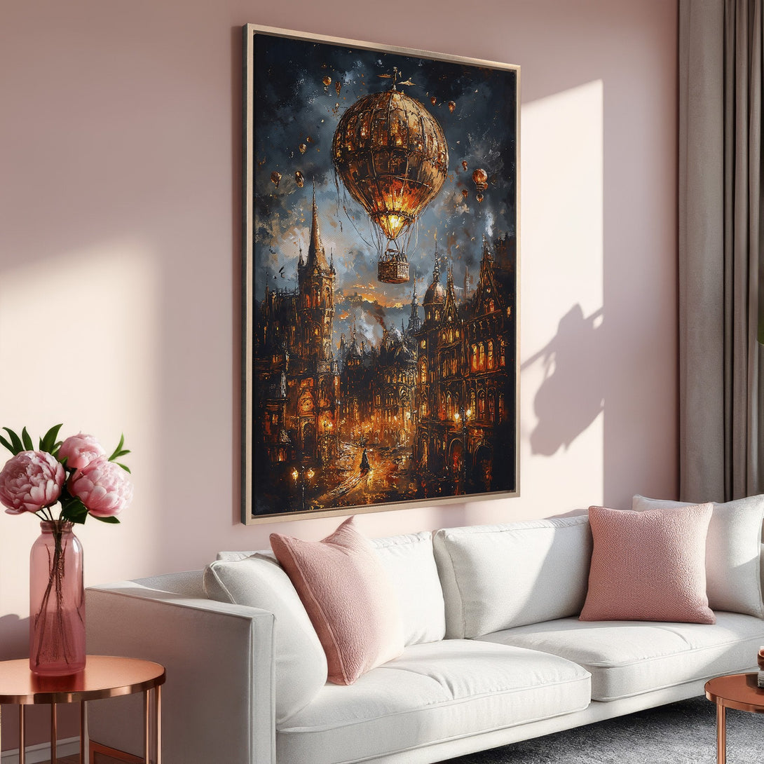 Framed Wall Art featuring a steampunk cityscape with a hot air balloon, in a warm, moody color palette. Perfect for adding a touch of fantasy to your home decor.