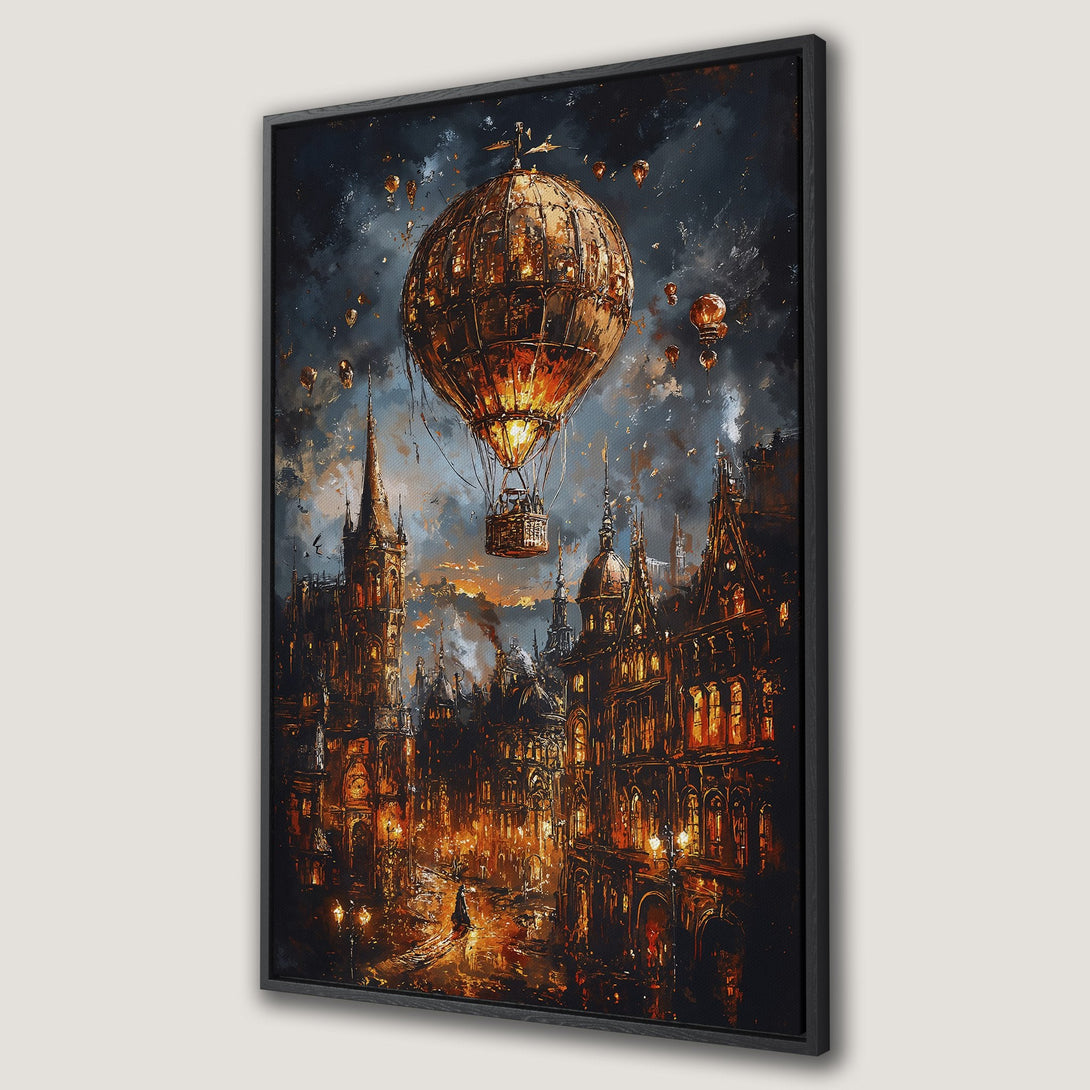 Framed Wall Art of a steampunk cityscape with a hot air balloon, in a dramatic style with warm orange and cool blue tones. Perfect wall decor!