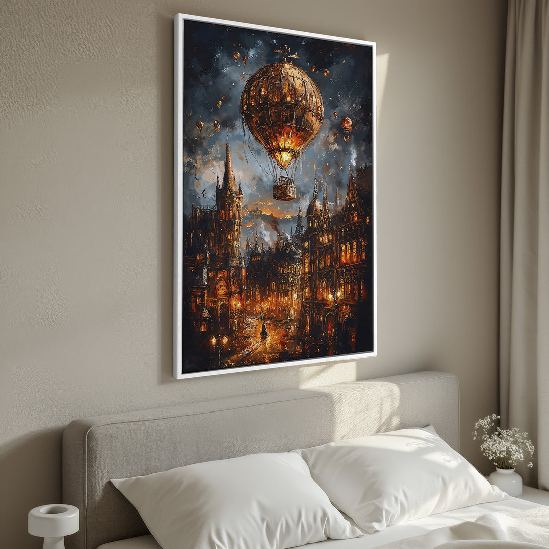 Framed Wall Art: Steampunk cityscape Canvas Print with a warm, golden color palette. Add a touch of fantasy to your home decor!