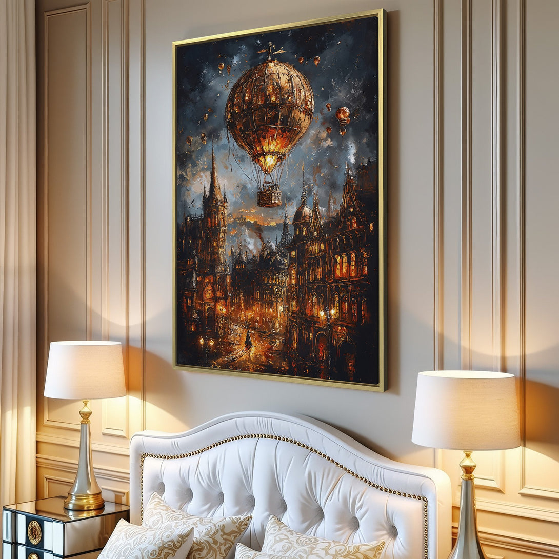 Canvas Print featuring a fantasy cityscape with a hot air balloon, in a warm, autumnal color palette. Perfect wall art for your home!