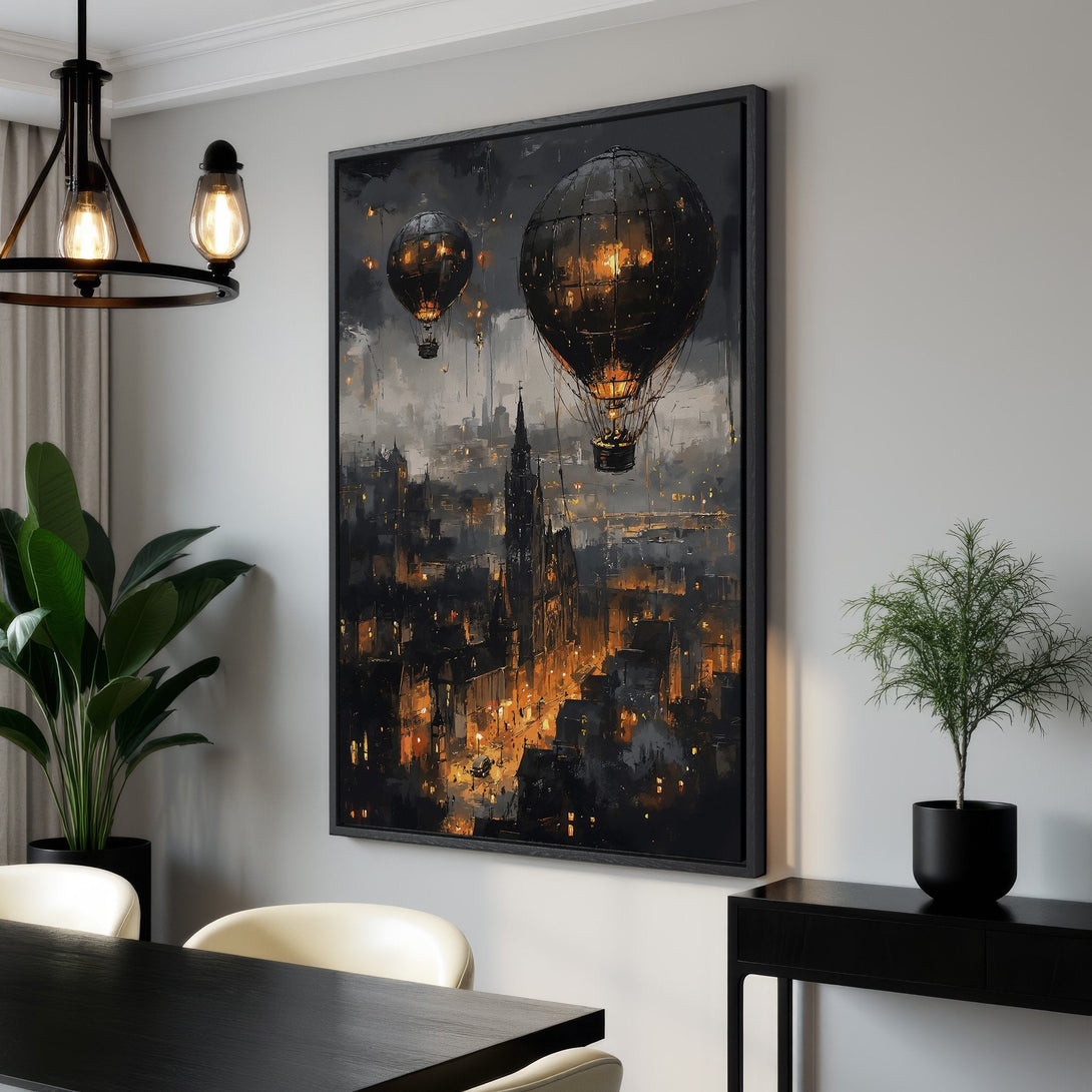 Framed Wall Art featuring a dramatic cityscape with hot air balloons. Dark, moody painting with a warm, glowing color palette. Perfect for adding a touch of elegance.